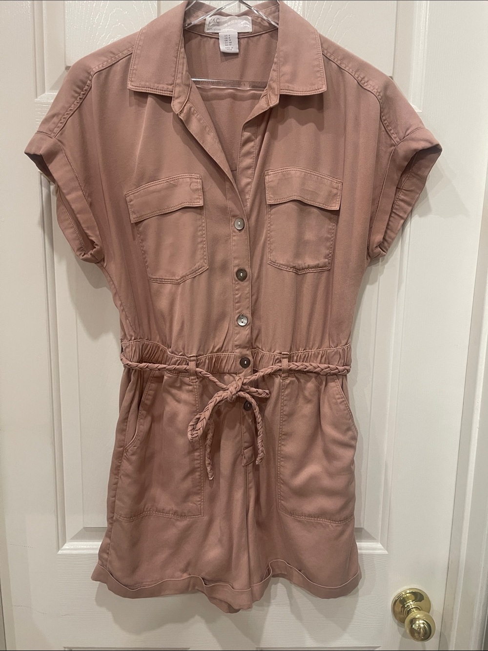 C&C California- Button-Front Romper with Drawstring Waist 33”L S:6